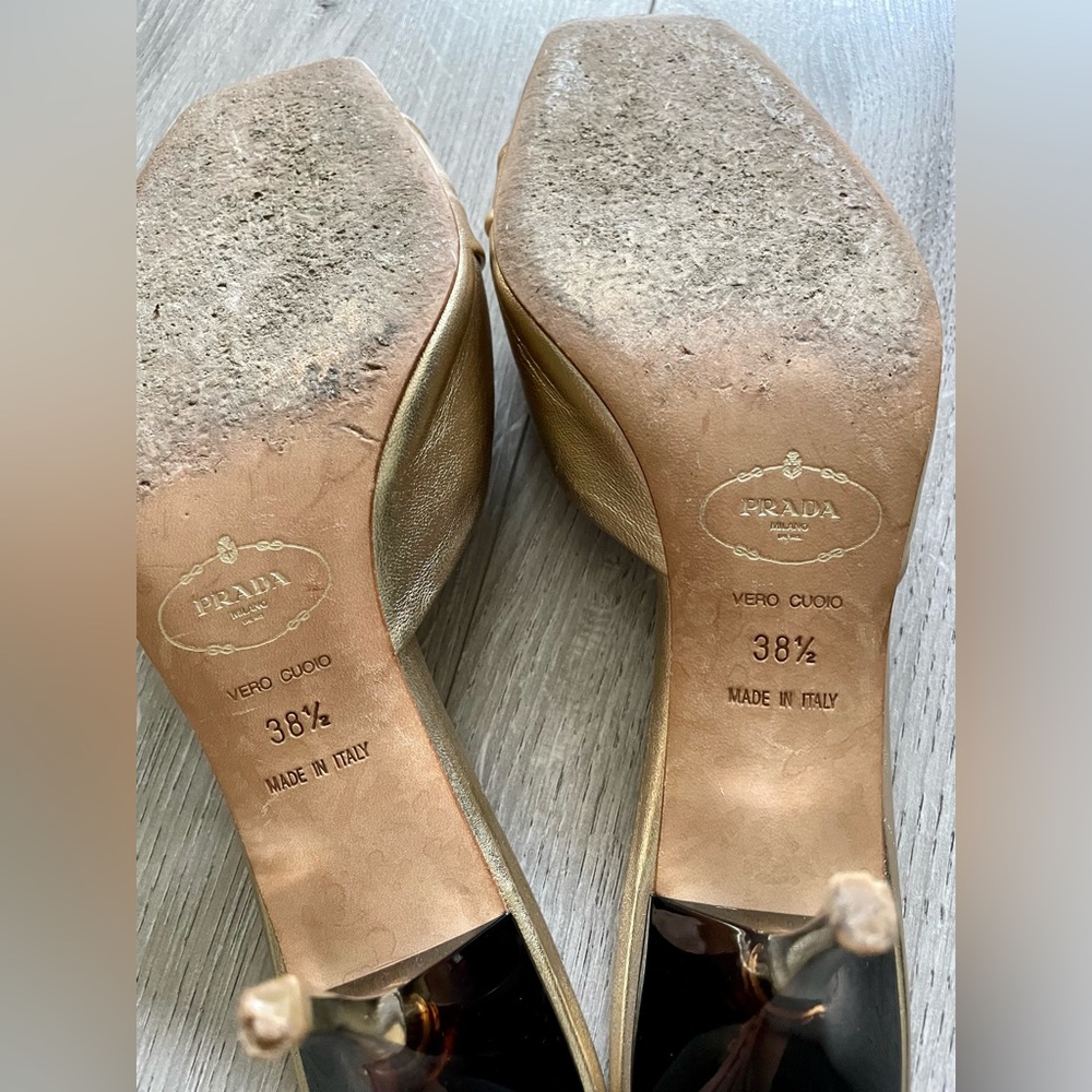 ❌SOLD❌ Prada Metallic Gold Leather Square Peep Toe Slide Sandals - Picture 8 of 12